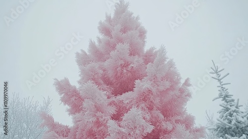 A pink frosted evergreen tree stands tall against a foggy sky. photo