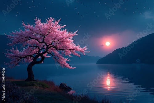 Pink cherry blossom tree at sunset on a lake shore photo