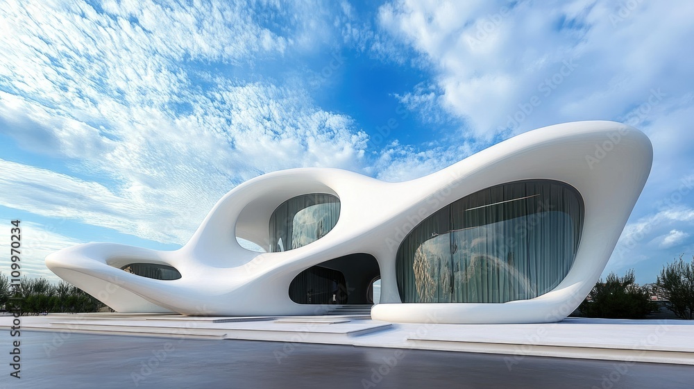 Modern wavy white structure in a sleek design, blending geometry with open sky for a serene atmosphere Modern wavy white structure in a sleek design, blending geometry with open sky for a serene atmosphere