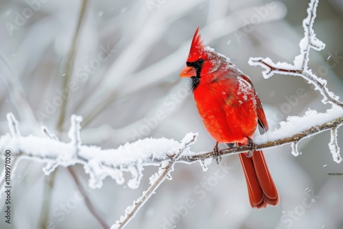 Nestled among snowy branches, a red cardinal adds a burst of color to the winter landscape, showcasing nature's artistry. photo