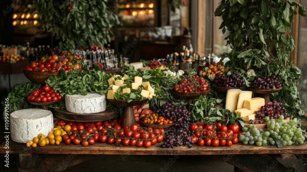 Rustic Table Spread with Cheese, Grapes, and Tomatoes Rustic Table Spread with Cheese, Grapes, and Tomatoes