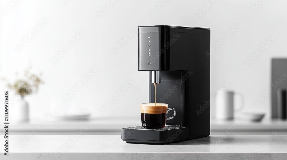 Modern Black Coffee Machine Brewing Fresh Espresso at Kitchen Counter Modern Black Coffee Machine Brewing Fresh Espresso at Kitchen Counter
