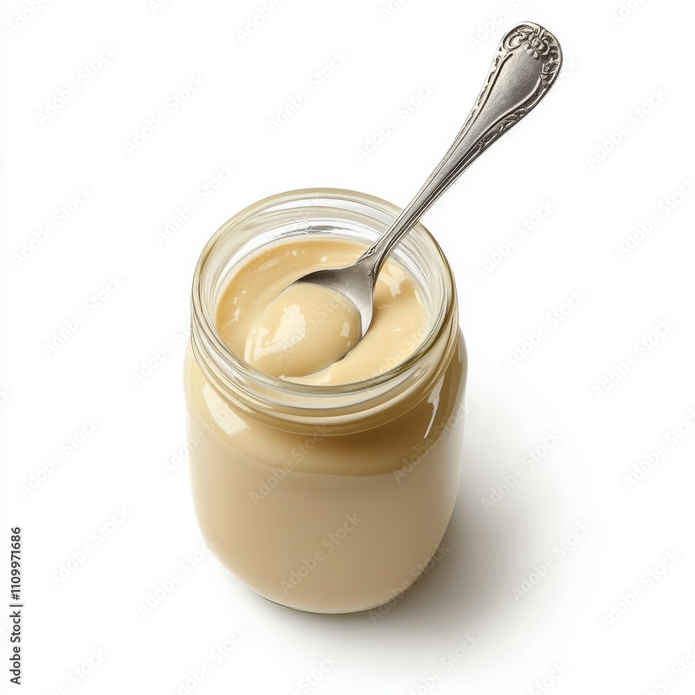 A jar of creamy tahini sauce with a spoon, isolated white background, hyperrealism art style A jar of creamy tahini sauce with a spoon, isolated white background, hyperrealism art style