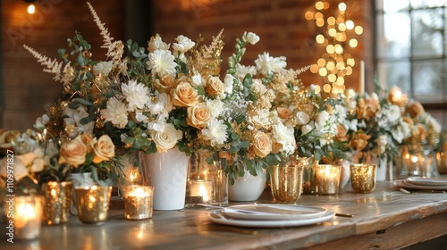 Luxurious holiday dining table arrangement, with transparent white vases filled with golden flowers, eucalyptus trees, sparkling branches, and candles, perfect for high-end events.