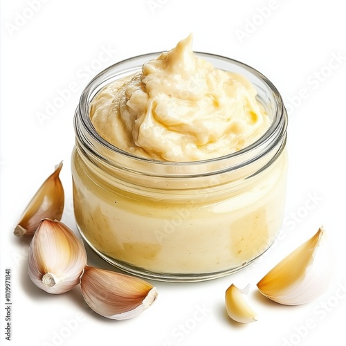 A jar of homemade aioli sauce with garlic cloves, isolated white background, surrealism art style