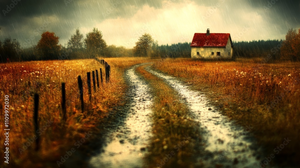 A rustic farmhouse stands alone in a field, surrounded by a wooden fence and a winding dirt road, as rain falls from a stormy sky. A rustic farmhouse stands alone in a field, surrounded by a wooden fence and a winding dirt road, as rain falls from a stormy sky.