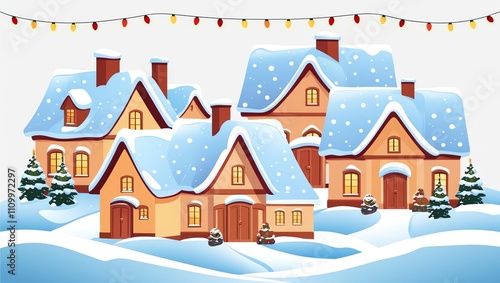 Charming snow-covered houses in a festive winter landscape.