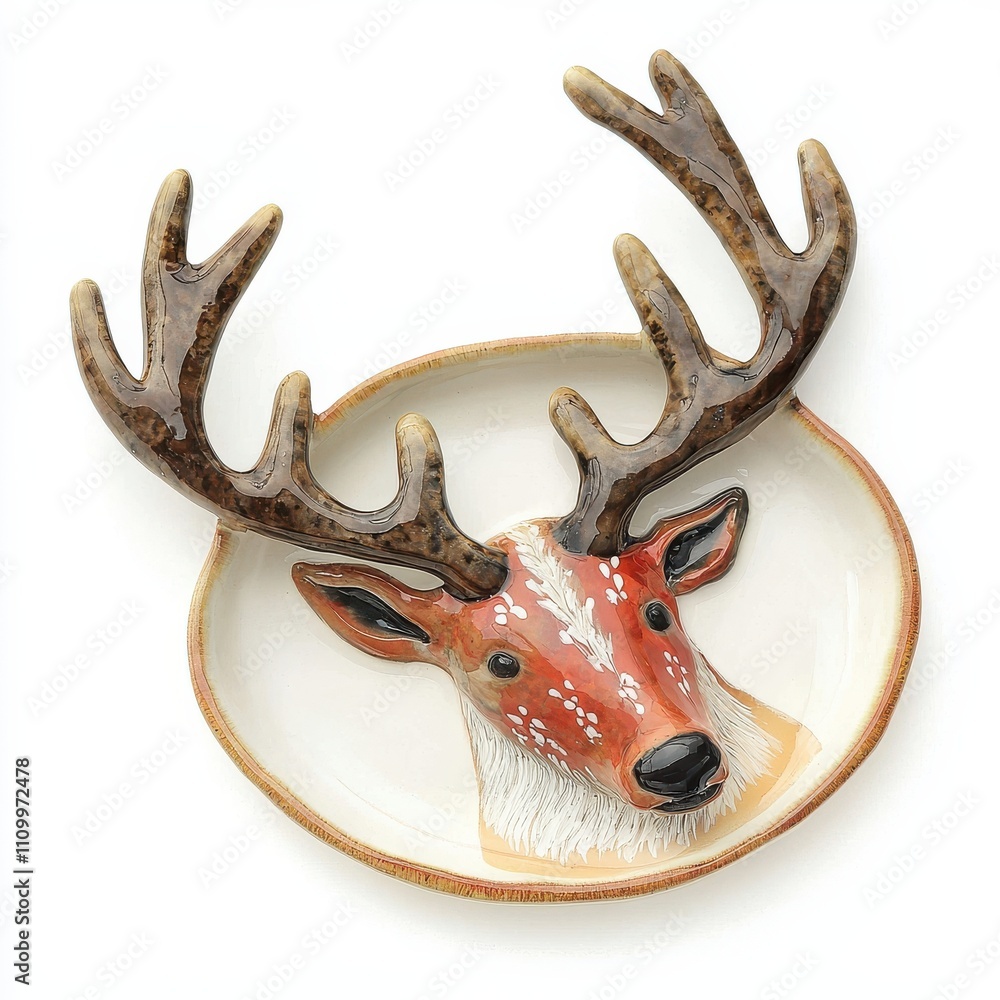 Fototapeta premium Artful deer head plate display in modern kitchen unique home decor contemporary design whimsical style