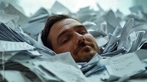 A Man Lying Defeated in His Office, Buried Under a Pile of Documents Due to an Overwhelming Amount of Unfinished Work