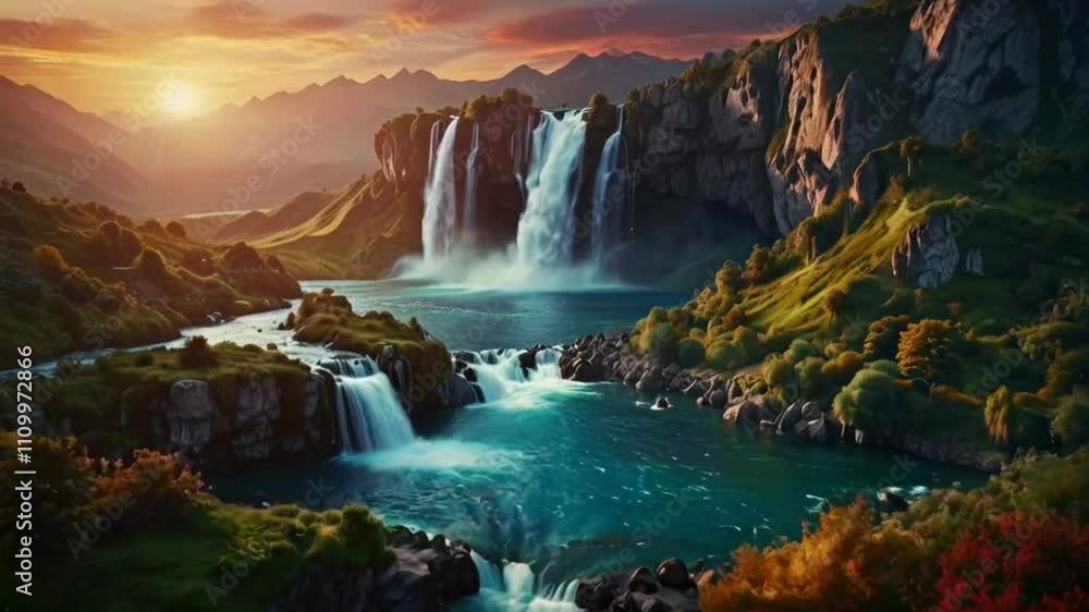 waterfalls and a vibrant sky at sunset waterfalls and a vibrant sky at sunset
