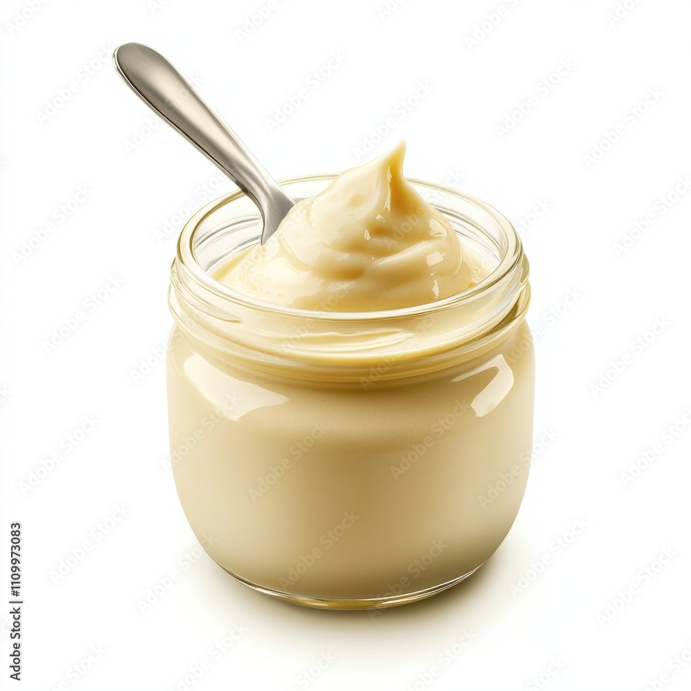 A jar of tangy aioli sauce with a spoon, isolated white background, hyperrealism art style A jar of tangy aioli sauce with a spoon, isolated white background, hyperrealism art style