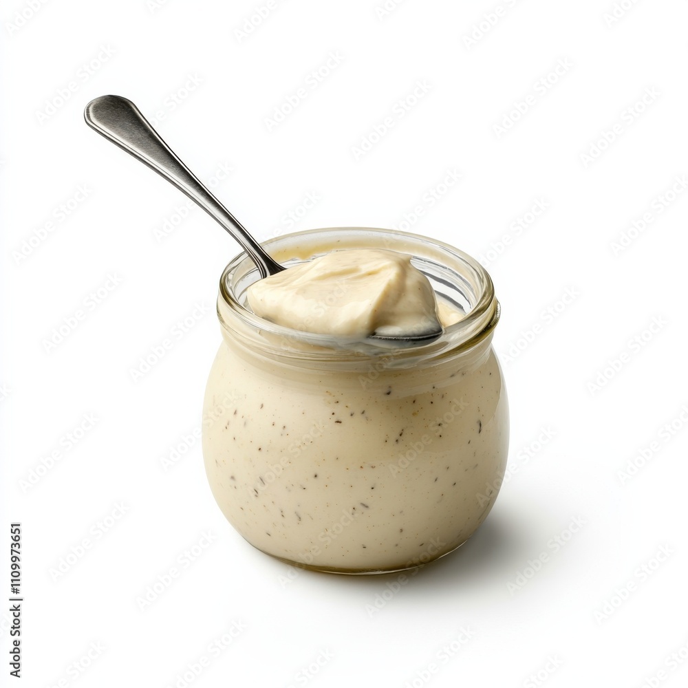 A jar of tangy horseradish sauce with a spoon, isolated white background, hyperrealism art style A jar of tangy horseradish sauce with a spoon, isolated white background, hyperrealism art style