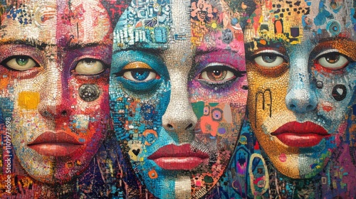 Mosaic Portrait of Three Women with Intricate Details