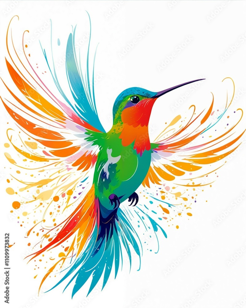 Obraz premium Fantasy world. Illustration of paradise hummingbird bird isolated on a white background. Abstract drawing.