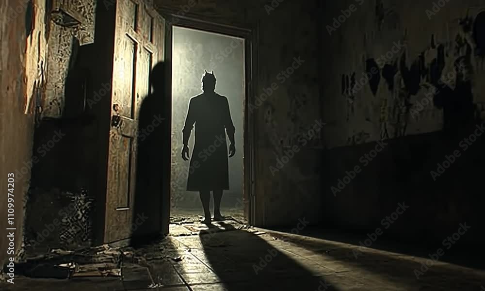 Mysterious Figure Standing in Dark Room with Open Doorway Mysterious Figure Standing in Dark Room with Open Doorway