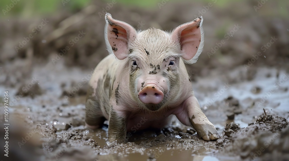 Adorable Piglet Playing in the Mud: A Charming Farm Scene