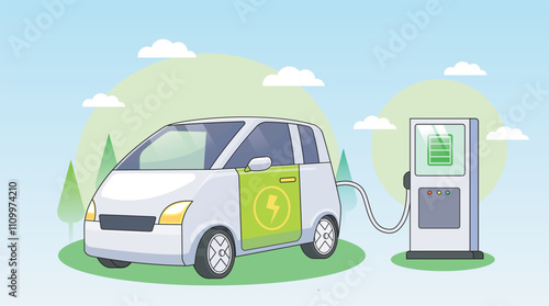 electric car recharging battery via cable at power station. vector illustration modern renewable electric transportation