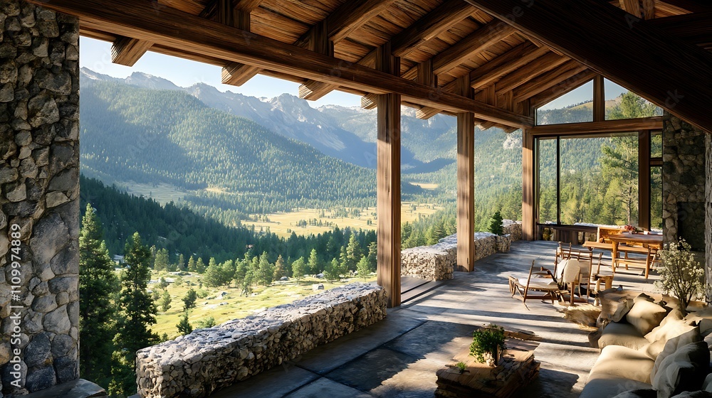 A serene mountain lodge with natural stone walls, timber beams, and panoramic views of a forested valley. A serene mountain lodge with natural stone walls, timber beams, and panoramic views of a forested valley.