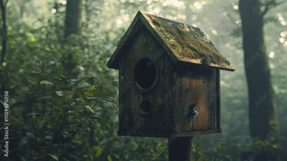 Moss Covered Birdhouse in Forest: Cinematic Nature Photography Moss Covered Birdhouse in Forest: Cinematic Nature Photography