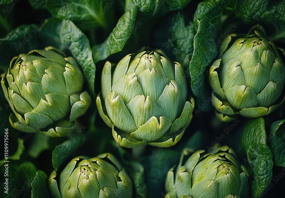 Obraz premium Fresh Artichokes Nestled Among Lush Green Leaves, Capturing the Essence of Organic Farming and Vibrant Produce for Culinary Inspiration and Healthy Eating