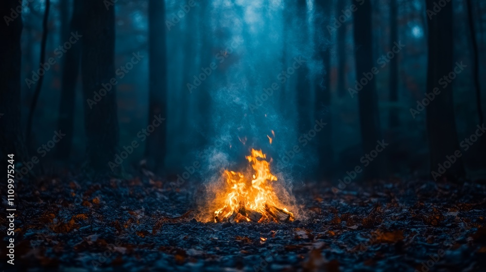 A small bonfire burns brightly in the middle of a dark, mysterious forest. A small bonfire burns brightly in the middle of a dark, mysterious forest.