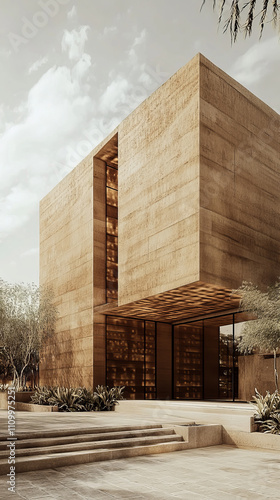 Modern Rammed Earth Building: Geometric Design, High Contrast, Hyperrealistic 3D Rendering