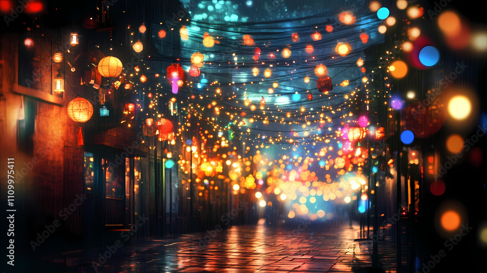 Fototapeta premium A city street illuminated with diwali string lights, with the bokeh effect creating a magical and festive atmosphere. Illuminated. Illustration