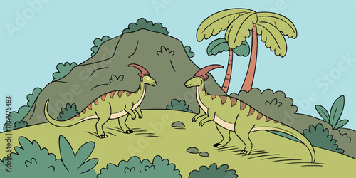 Scene with dinosaurs parasaurolophus on island illustration

