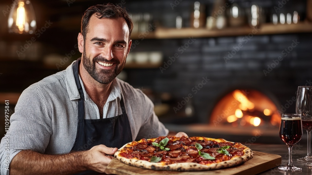 Smiling Chef Holding Freshly Baked Pizza in Cozy Restaurant Setting Smiling Chef Holding Freshly Baked Pizza in Cozy Restaurant Setting