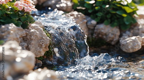 A small waterfall cascades over moss-covered rocks, creating a serene and tranquil scene.