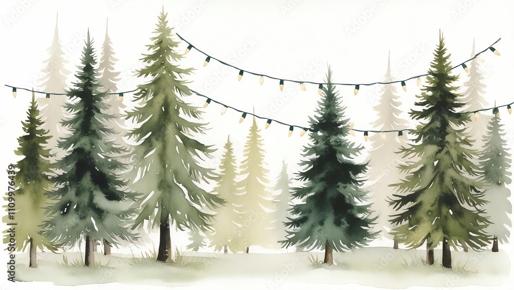 Obraz premium Festive evergreen trees adorned with string lights in winter.