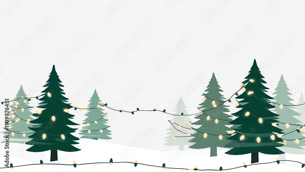 Fototapeta premium Festive evergreen trees adorned with twinkling lights in winter.