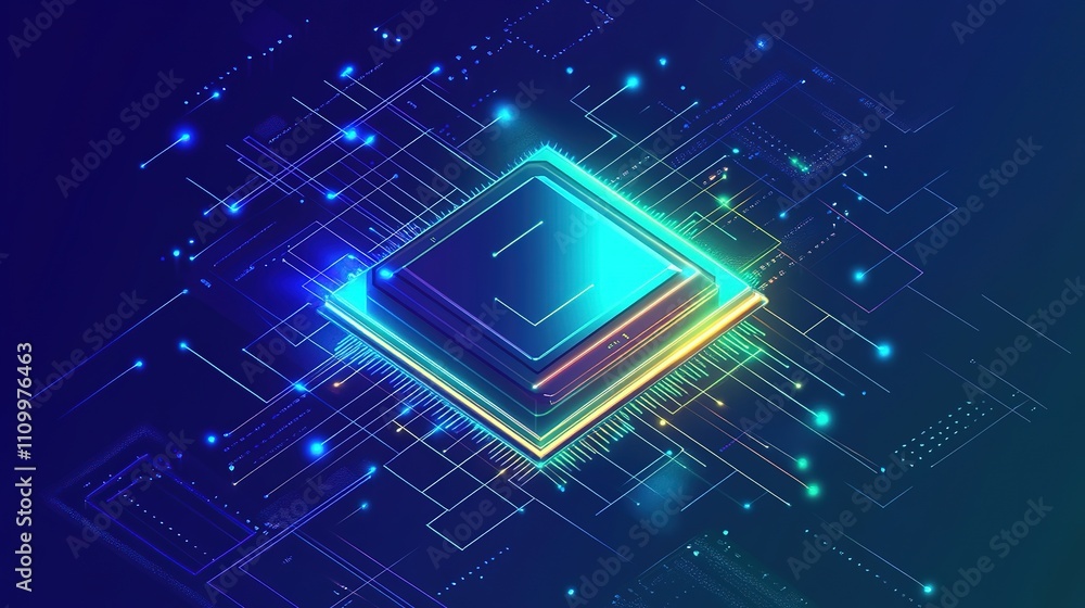 Glowing isometric CPU on blue circuit board. Glowing isometric CPU on blue circuit board.