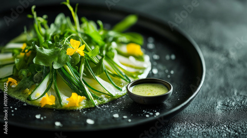 Puntarelle Romana Salad, Green Garnish, Modern Plate, Delicious Food Photography