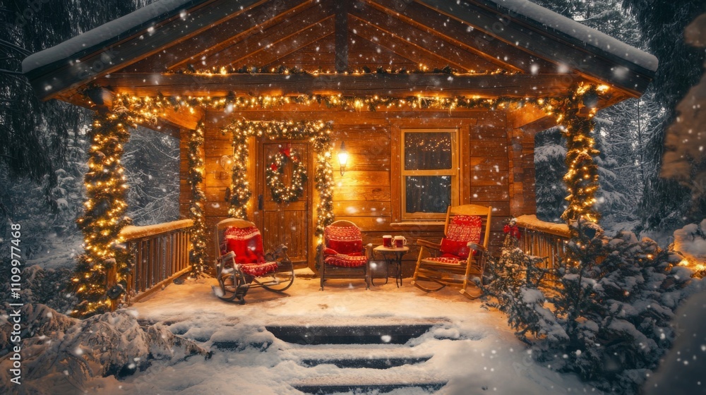 Cozy Cabin Porch Decorated for Christmas with Snow Falling Cozy Cabin Porch Decorated for Christmas with Snow Falling