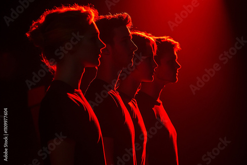 A group of people standing close together on music stage. red rim light.