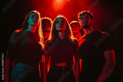 A group of people standing close together on music stage. red rim light.