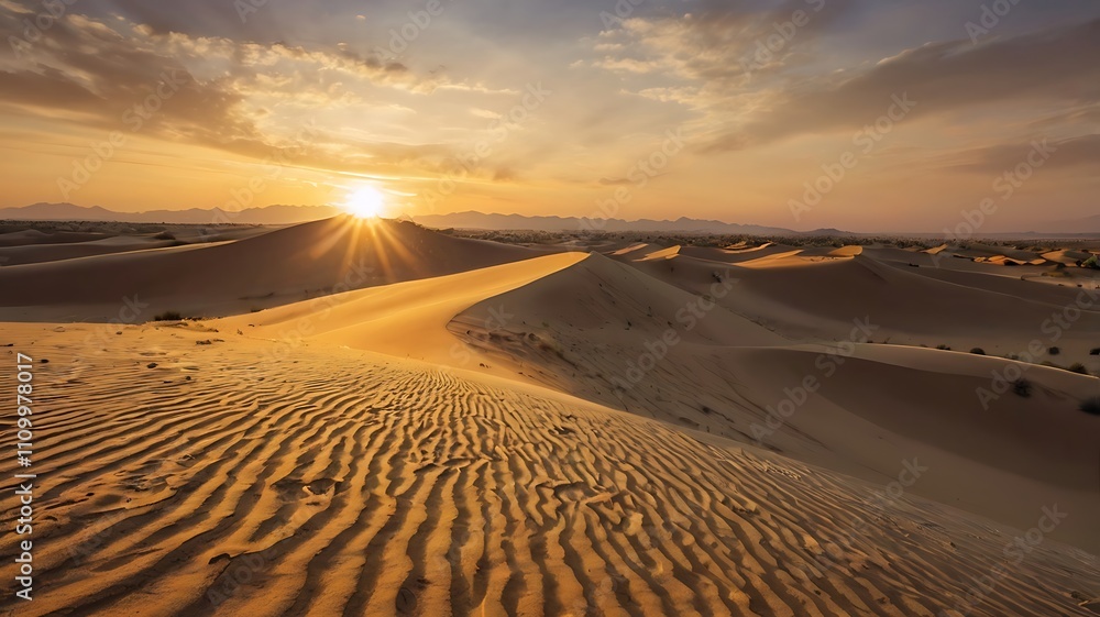 Serene desert landscape at sunset with rippling sand dunes. Serene desert landscape at sunset with rippling sand dunes.