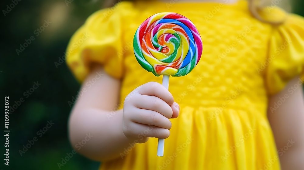 Child Holding Rainbow Swirl Lollipop In Yellow Dress Child Holding Rainbow Swirl Lollipop In Yellow Dress