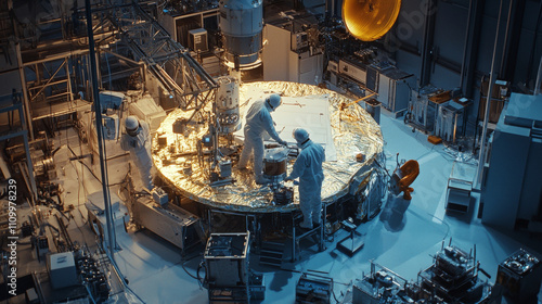Satellite Assembly: Clean Room Engineers at Work