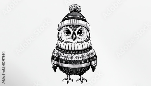 Stylized owl wearing a cozy sweater and beanie, monochrome design. photo