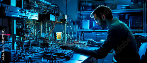 Quantum Teleportation Lab: Engineer Working on Hardware