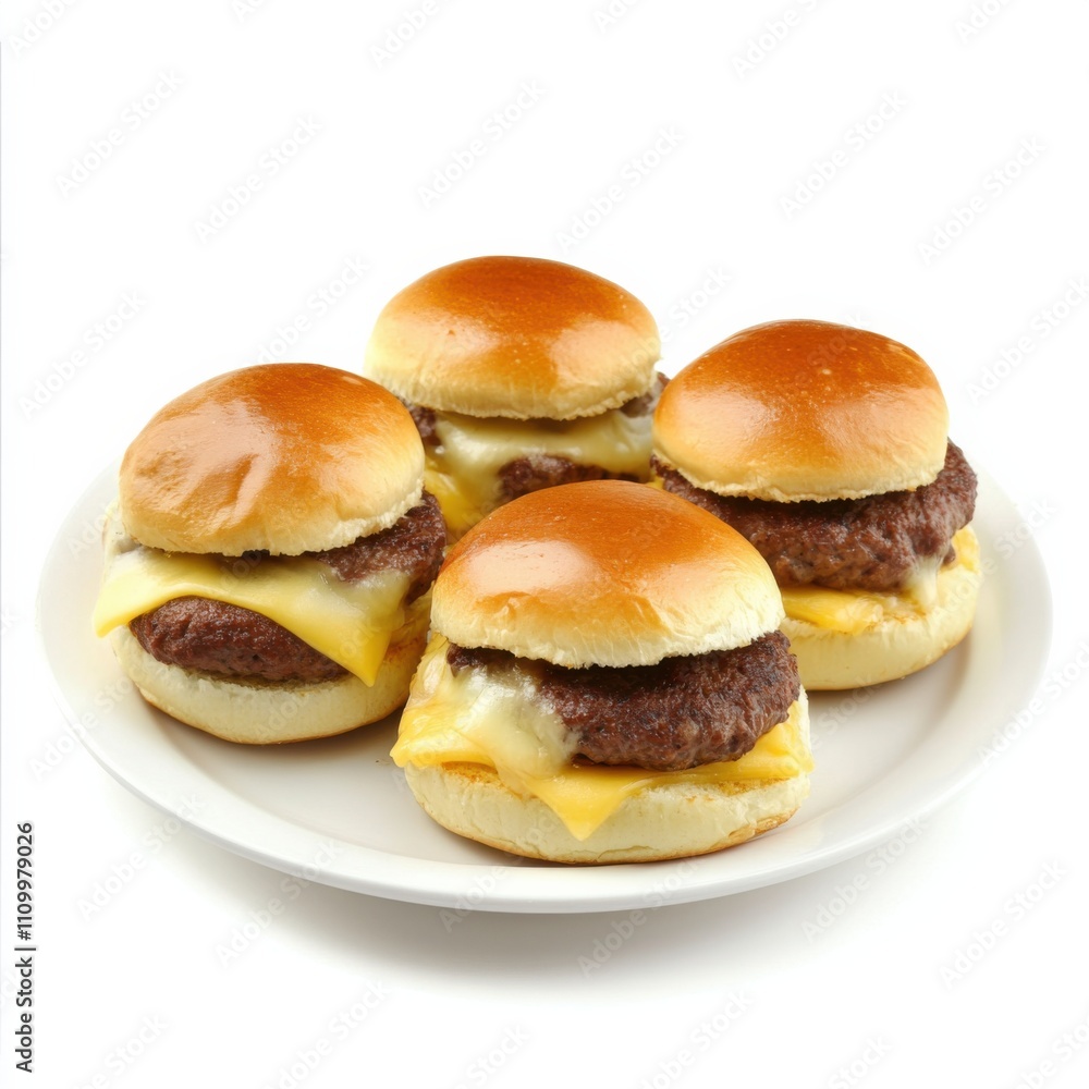 A plate of gourmet sliders with beef patties and cheese, isolated white background, cubism art style A plate of gourmet sliders with beef patties and cheese, isolated white background, cubism art style