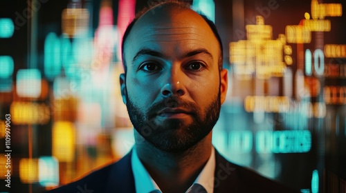 A portrait of a successful investor, with a confident expression, surrounded by a backdrop of rising charts and graphs, symbolizing growth and prosperity， A portrait of a successful investor photo