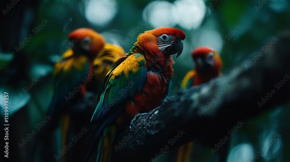 Fototapeta premium Stunning Scarlet Macaw Perched on Branch in Lush Tropical Forest
