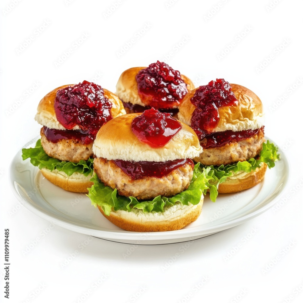 A plate of gourmet sliders with turkey patties and cranberry sauce, isolated white background, impressionism art style A plate of gourmet sliders with turkey patties and cranberry sauce, isolated white background, impressionism art style
