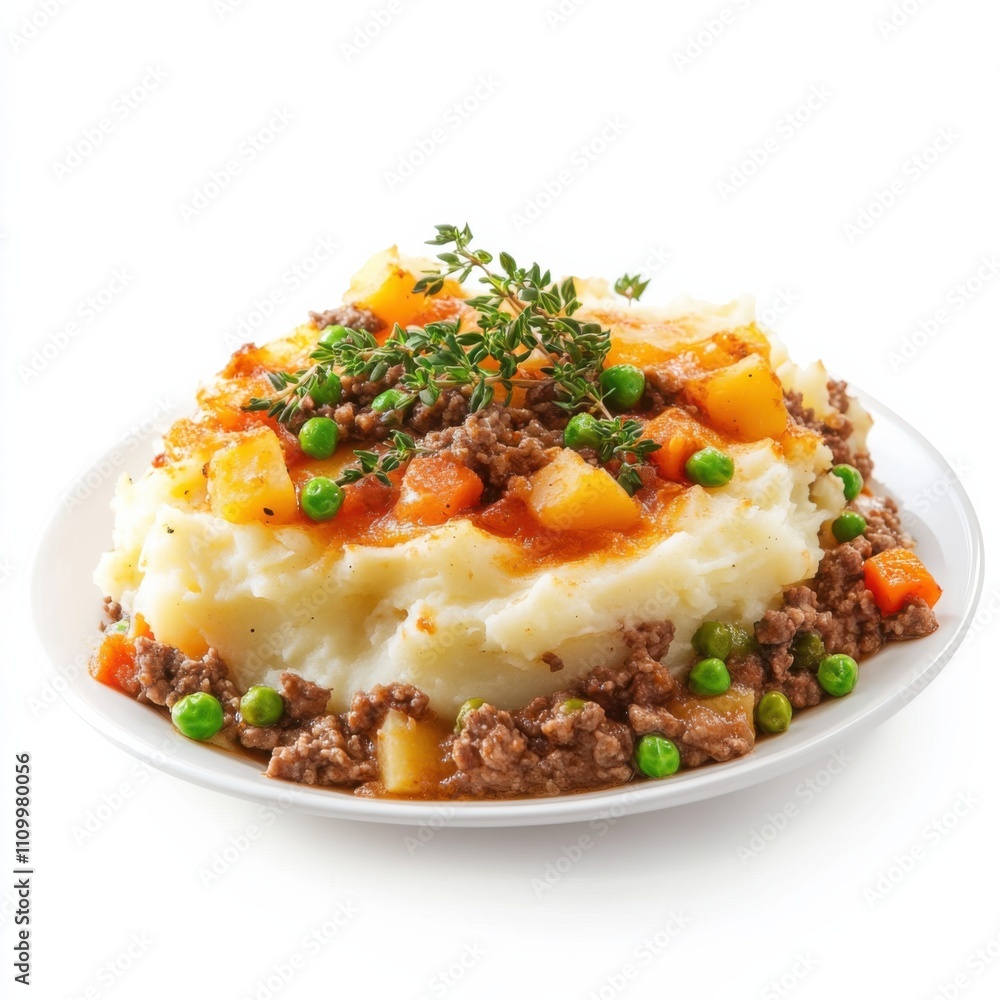 A plate of hearty shepherd's pie with mashed potatoes and ground beef, isolated white background, abstract art style A plate of hearty shepherd's pie with mashed potatoes and ground beef, isolated white background, abstract art style