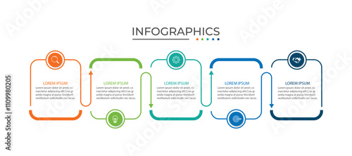 Process business infographic thin line with square template design with icons and 5 options or steps.