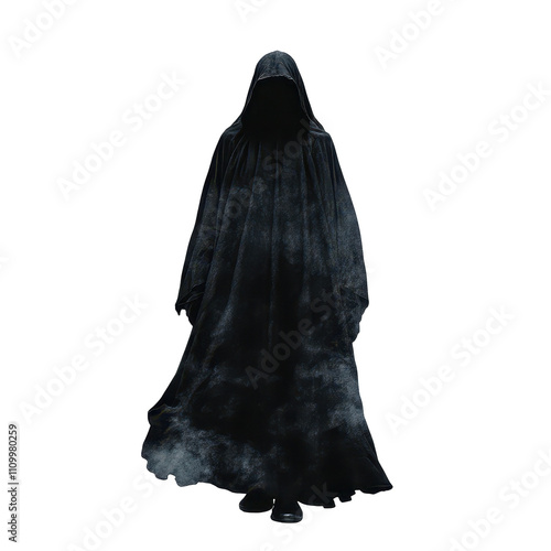 A person in a black cloak with a hood is standing in front of a white background. transparent background