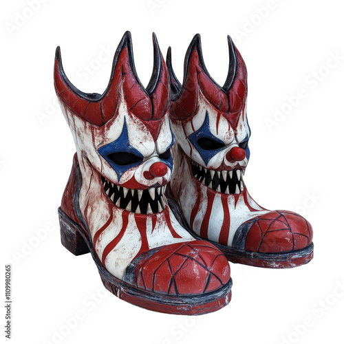The shoes are red and white and have a clown face on them. transparent background